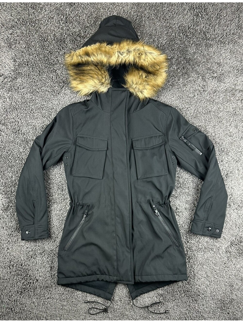 S13 Womens Black Parka Jacket Faux Fur Hood Utility Cargo Coat Winter Small